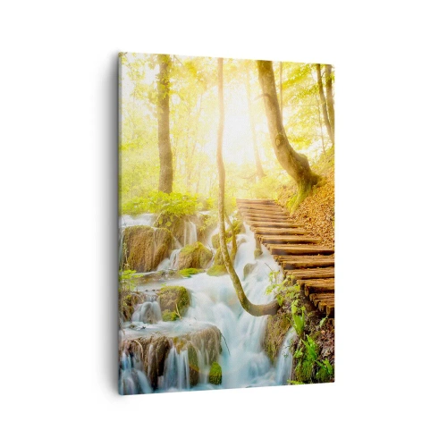 Cuadro sobre lienzo - Impresión de Imagen - Camino forestal con escaleras de madera junto a la cascada. - 50x70cm - El ansiado frescor - Decoración de pared moderna para salón y dormitorio ARTTOR