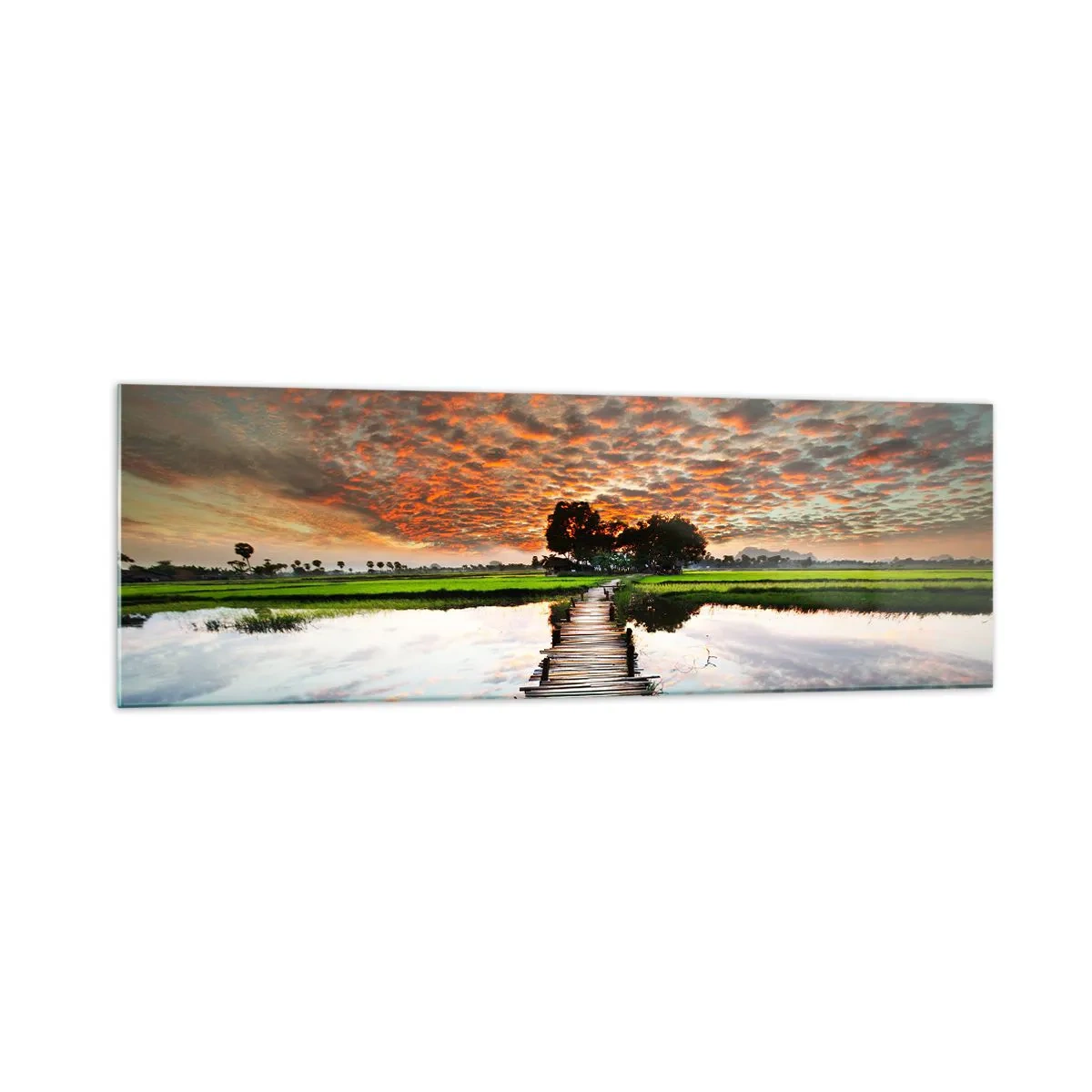Cuadro sobre vidrio - Impresiones sobre Vidrio - Puente de madera sobre el agua al atardecer - 160x50cm - Extiende tus brazos - respira  - Decoración de pared moderna para salón y dormitorio ARTTOR