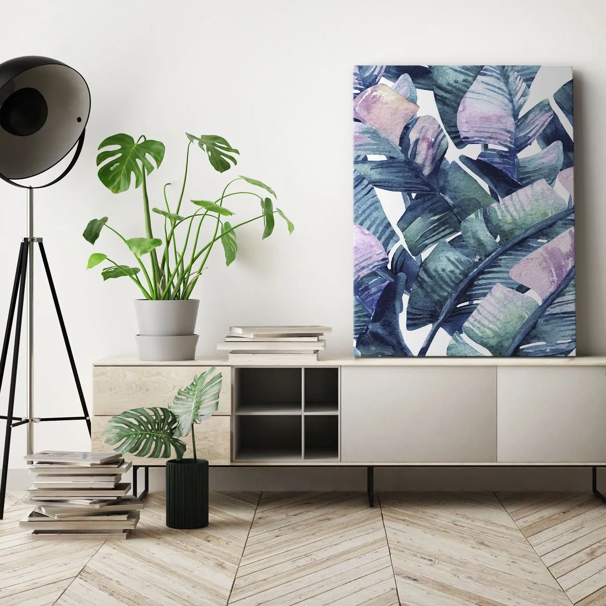Cuadro sobre lienzo - Impresión de Imagen - Hojas de plátano en tonos azules y rosas. - 50x70cm - En una plantación de plátanos - Decoración de pared moderna para salón y dormitorio ARTTOR
