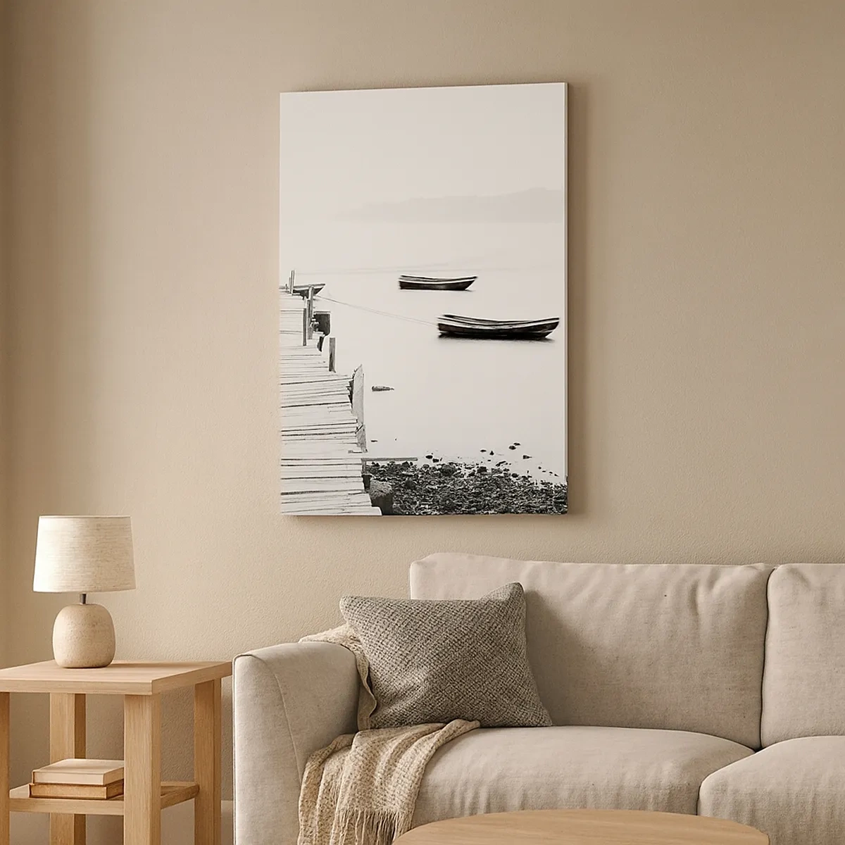Cuadro sobre lienzo - Impresión de Imagen - Muelle de madera y barcos en aguas tranquilas - 50x70cm - Junto al agua tranquila y clara - Decoración de pared moderna para salón y dormitorio ARTTOR