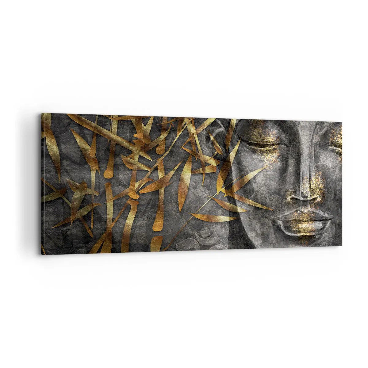 Cuadro sobre lienzo - Impresión de Imagen - Imagen de Buda zen con bambúes dorados - 120x50cm - Siente la paz - Decoración de pared moderna para salón y dormitorio ARTTOR