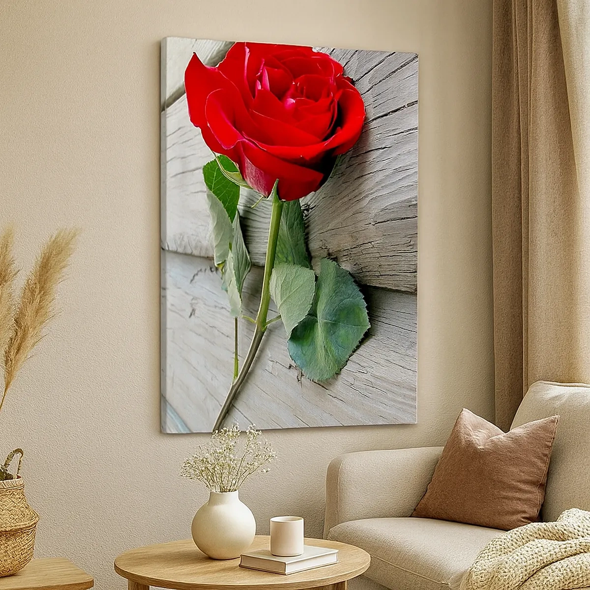 Cuadro sobre lienzo - Impresión de Imagen - Rosa roja sobre un fondo de madera - 50x70cm - Estudio en escarlata - Decoración de pared moderna para salón y dormitorio ARTTOR