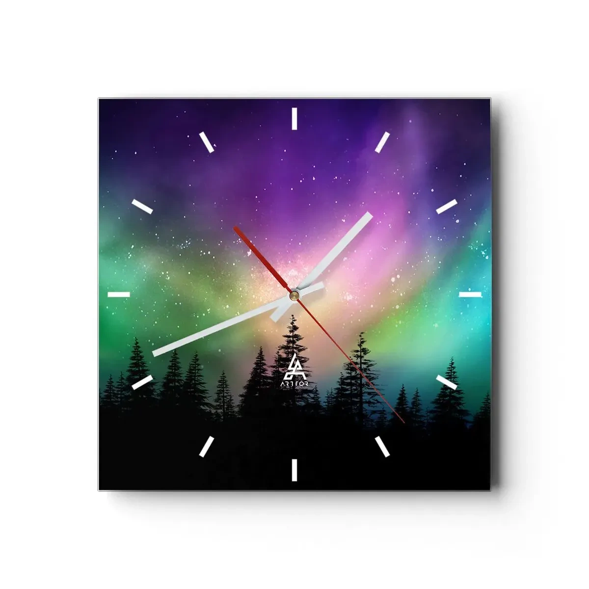 Reloj de pared - Reloj de vidrio - Aurora boreal sobre un bosque con cielo estrellado - 30x30cm - Magia blanca - Decoración de pared moderna para salón y dormitorio ARTTOR