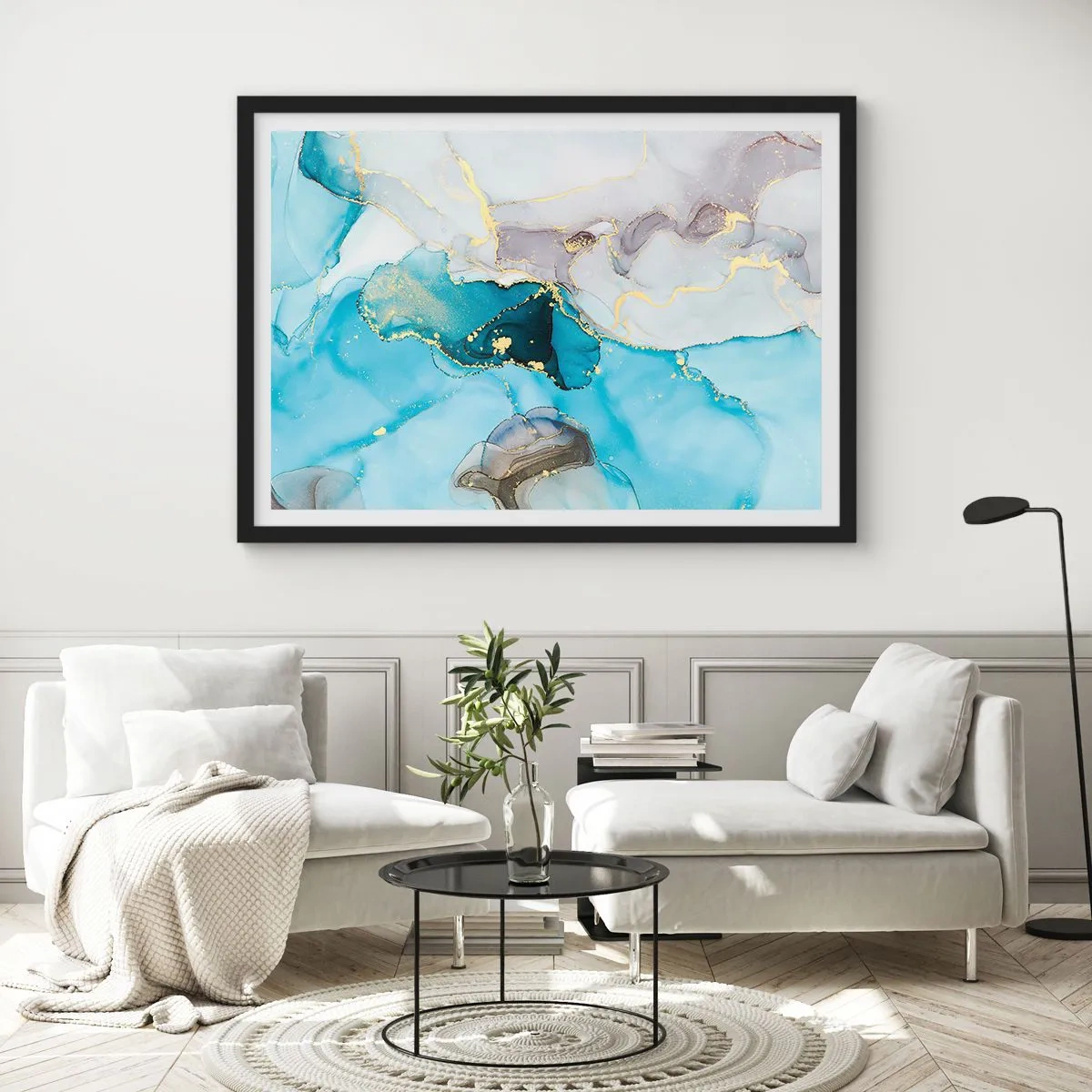 Póster en marco negro - Abstracción en tonos azules y dorados con líneas sutiles. - 70x50cm - Un estudio del encuentro entre el gris y el turquesa - Decoración de pared moderna para salón y dormitorio ARTTOR