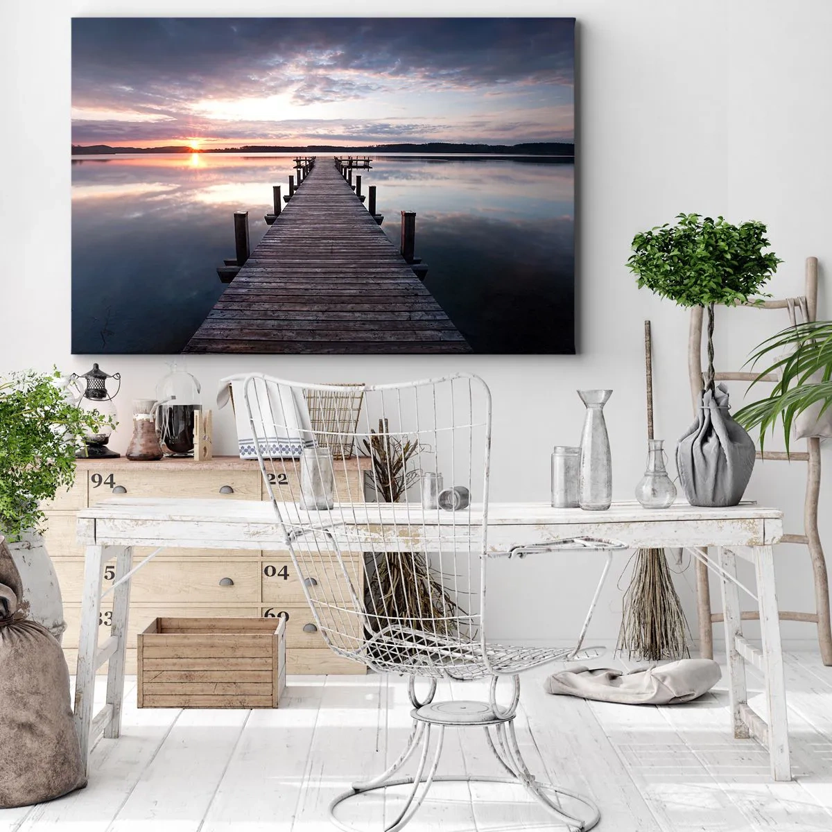 Cuadro sobre lienzo - Impresión de Imagen - Un muelle en un lago al atardecer en un paisaje tranquilo. - 120x80cm - Frontera silenciosa del día y la noche - Decoración de pared moderna para salón y dormitorio ARTTOR