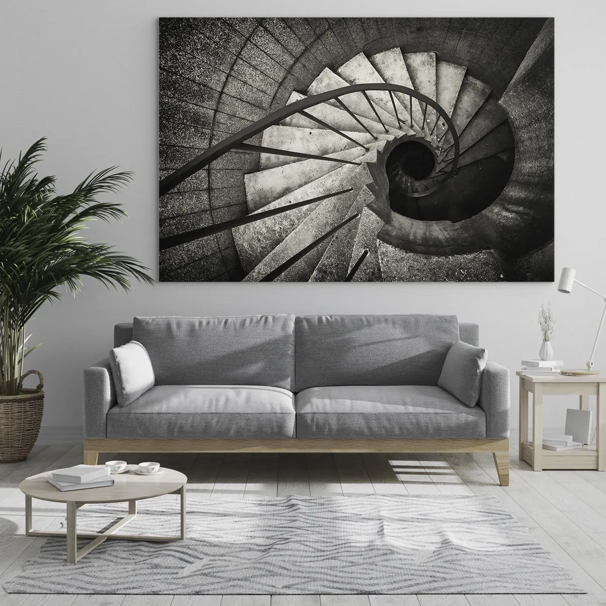 Cuadro sobre vidrio - Impresiones sobre Vidrio - Una escalera de caracol en blanco y negro vista desde una vista de pájaro - 70x50cm - Escaleras arriba, escaleras abajo - Decoración de pared moderna para salón y dormitorio ARTTOR