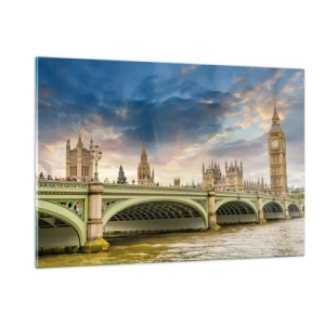 Cuadro sobre vidrio - Impresiones sobre Vidrio - El Big Ben y el puente de Westminster al atardecer - 120x80cm - El tiempo se detuvo en el Imperio - Decoración de pared moderna para salón y dormitorio ARTTOR