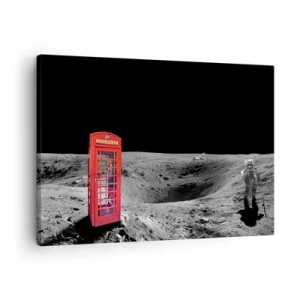 Cuadro sobre lienzo - Impresión de Imagen - Cabina telefónica roja en la luna - 70x50cm - Una broma cósmica - Decoración de pared moderna para salón y dormitorio ARTTOR