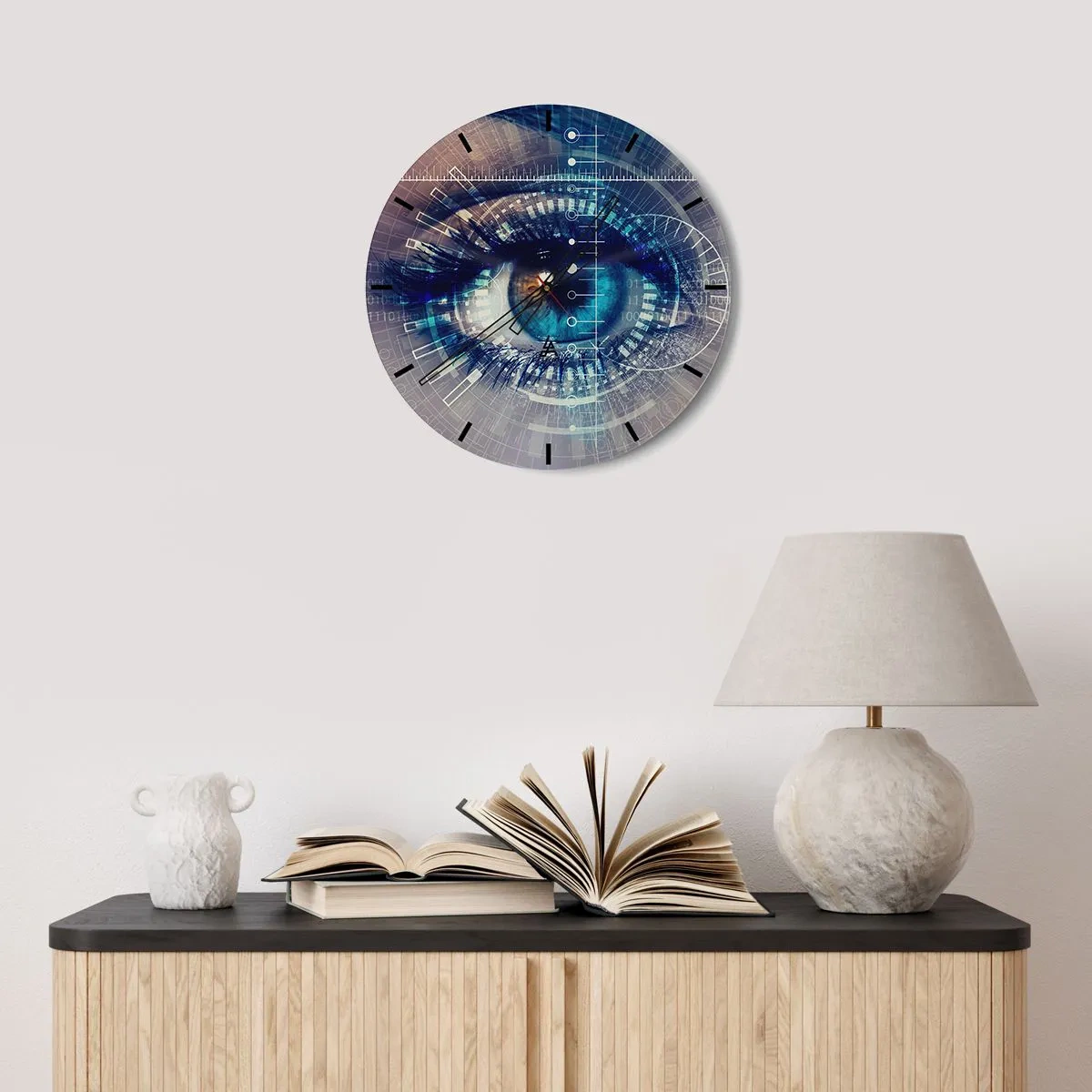 Reloj de pared - Reloj de vidrio - Un ojo rodeado de gráficos digitales - 30x30cm - Crees que me conoces - Decoración de pared moderna para salón, cocina y dormitorio ARTTOR