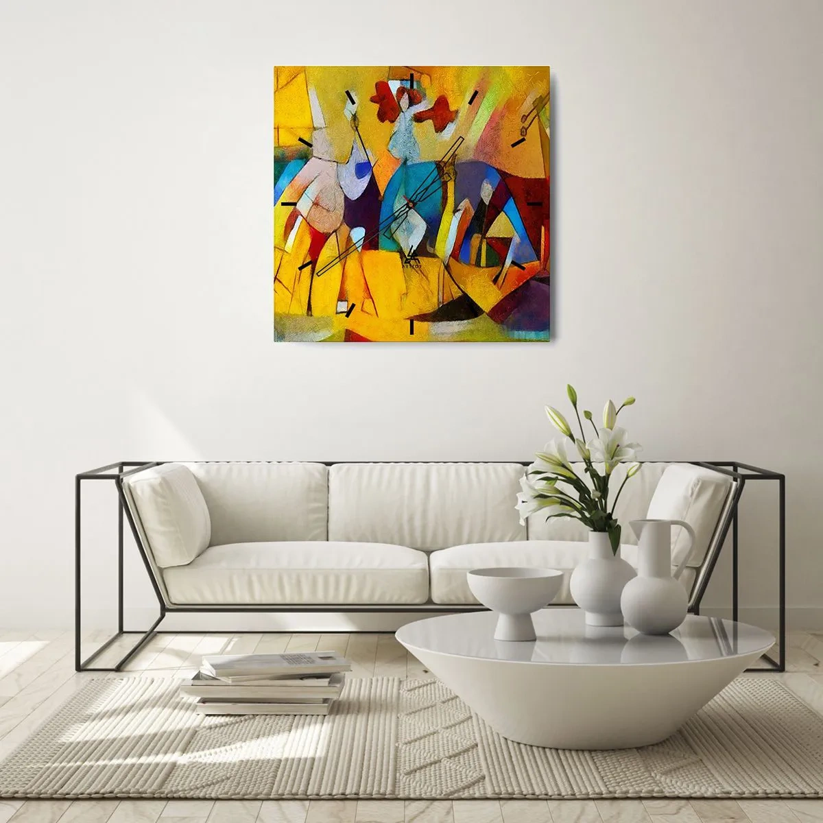 Reloj de pared - Reloj de vidrio - Una abstracción colorida que representa figuras en forma geométrica. - 30x30cm - Sol - vida - alegría - Decoración de pared moderna para salón y dormitorio ARTTOR