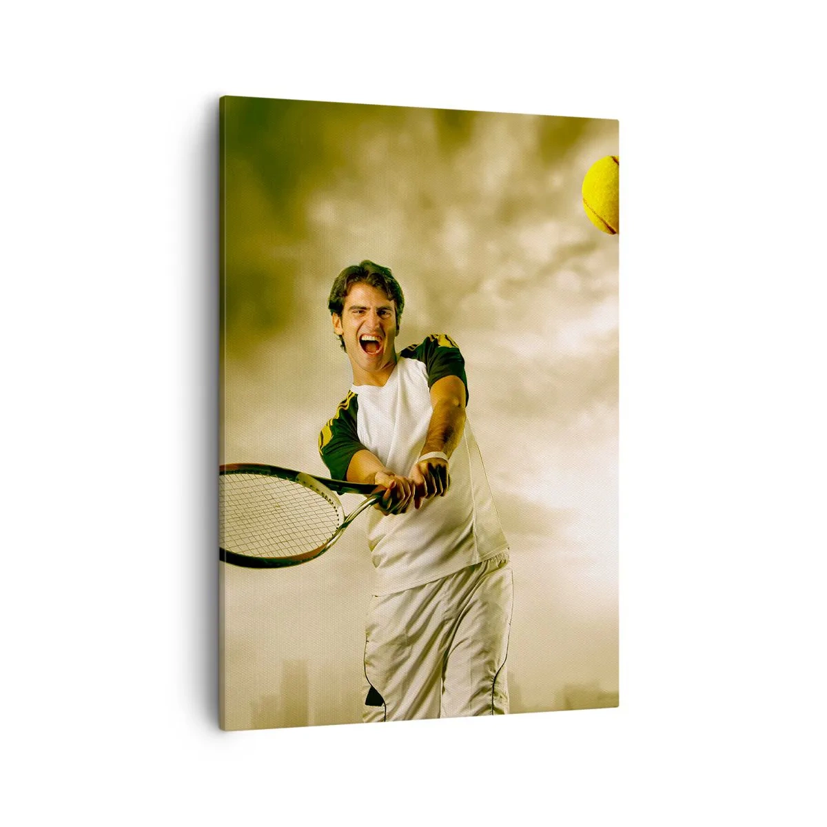 Cuadro sobre lienzo - Impresión de Imagen - Jugador de tenis en acción durante un partido con el telón de fondo de un paisaje urbano. - 50x70cm - Energía y alegría - Decoración de pared moderna para salón y dormitorio ARTTOR