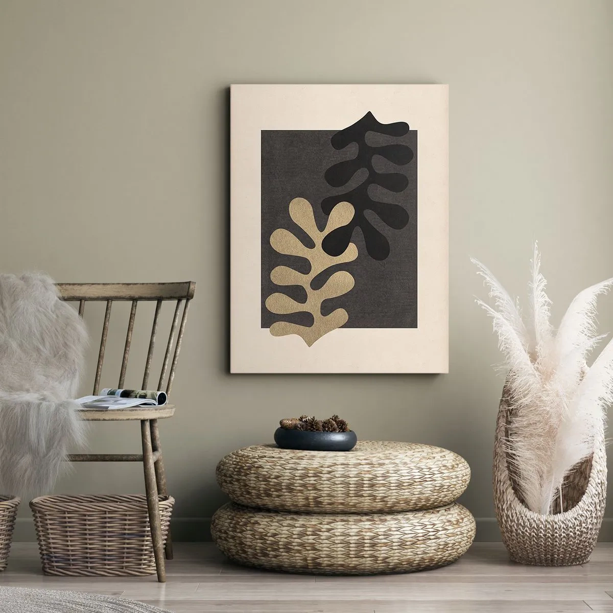 Cuadro sobre lienzo - Impresión de Imagen - Hojas abstractas en negro y beige sobre un fondo rectangular. - 50x70cm - Ausencia y complemento - Decoración de pared moderna para salón y dormitorio ARTTOR