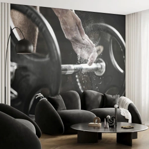 Fotomural Premium Canvas - Mancuernas y manos de un atleta preparándose para el entrenamiento. - 100x70cm - ¡Reto aceptado! - Decoración de pared moderna para salón y dormitorio ARTTOR