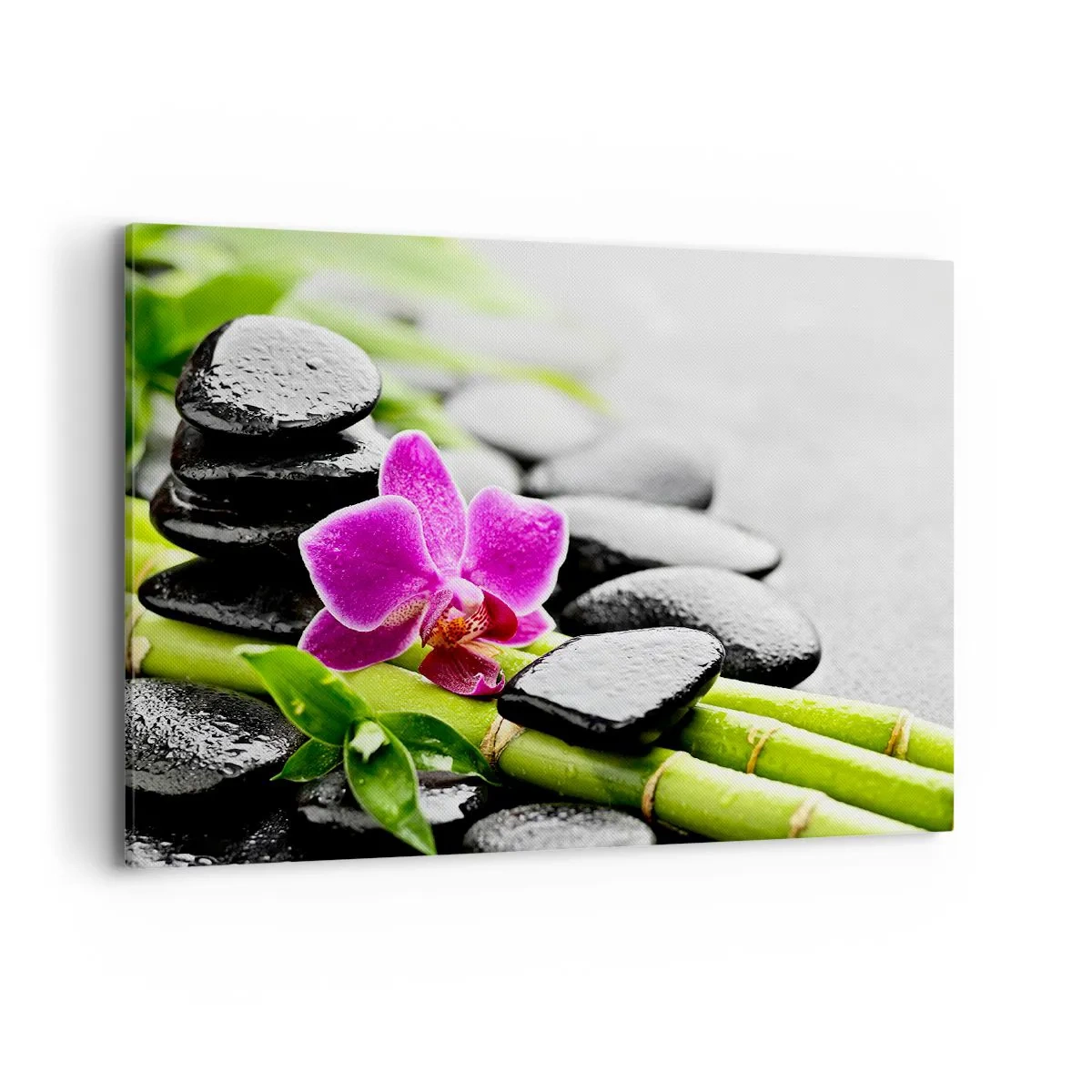 Cuadro sobre lienzo - Impresión de Imagen - Orquídea morada, piedras negras y bambú en una composición tranquila. - 100x70cm - En equilibrio pacífico - Decoración de pared moderna para salón y dormitorio ARTTOR