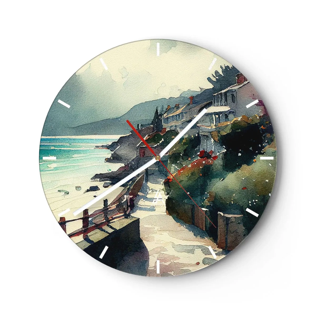 Reloj de pared - Reloj de vidrio - Un sendero costero que atraviesa edificios mediterráneos con vistas al mar. - 30x30cm - Ciudad mediterránea - Decoración de pared moderna para salón, cocina y dormitorio ARTTOR