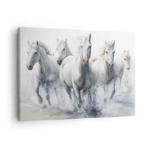 Cuadro sobre lienzo - Impresión de Imagen - Caballos blancos galopando por el agua - 70x50cm - Magia blanca - Decoración de pared moderna para salón y dormitorio ARTTOR