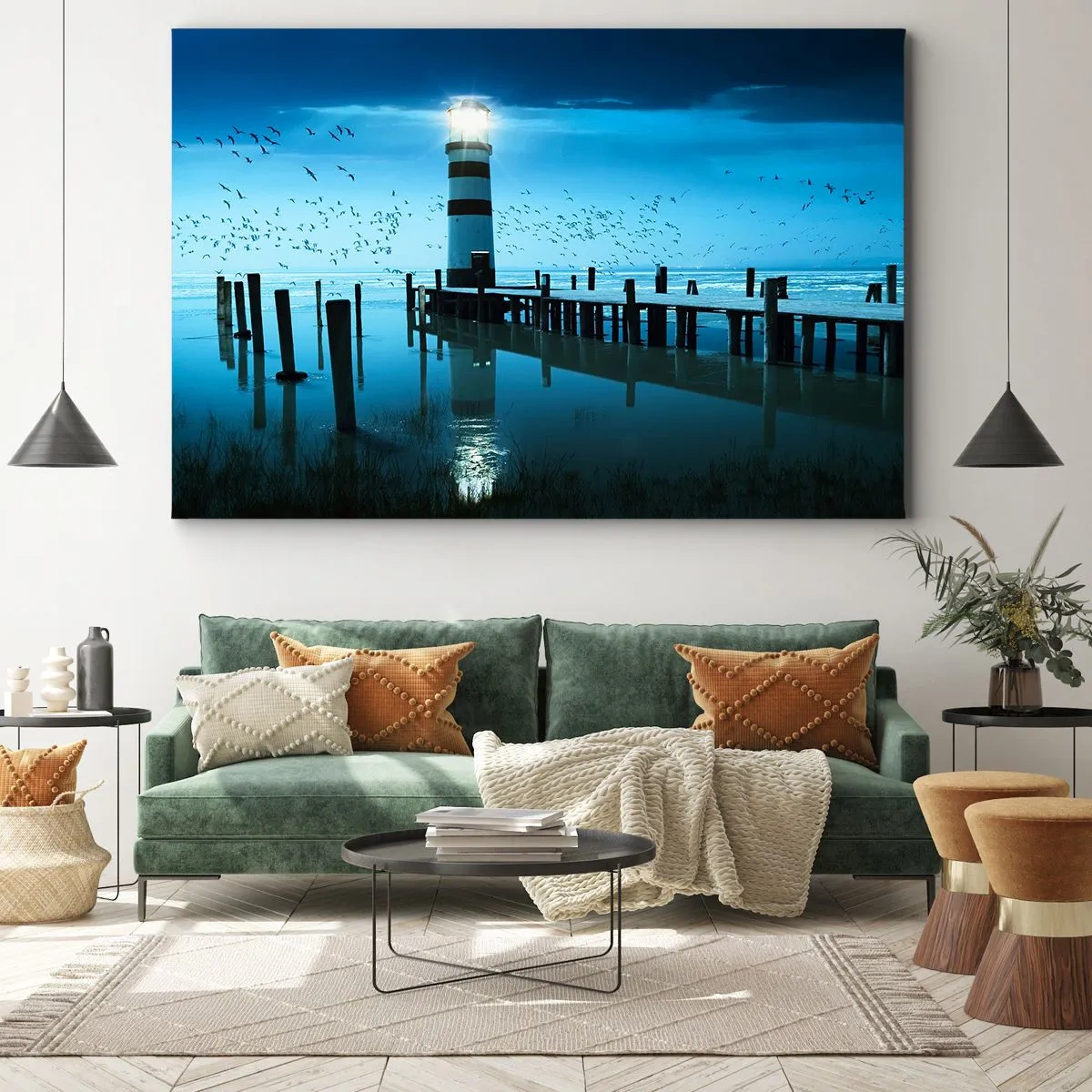 Cuadro sobre lienzo - Impresión de Imagen - El faro del muelle iluminado por la noche. - 120x80cm - Sin miedo a la oscuridad - Decoración de pared moderna para salón y dormitorio ARTTOR