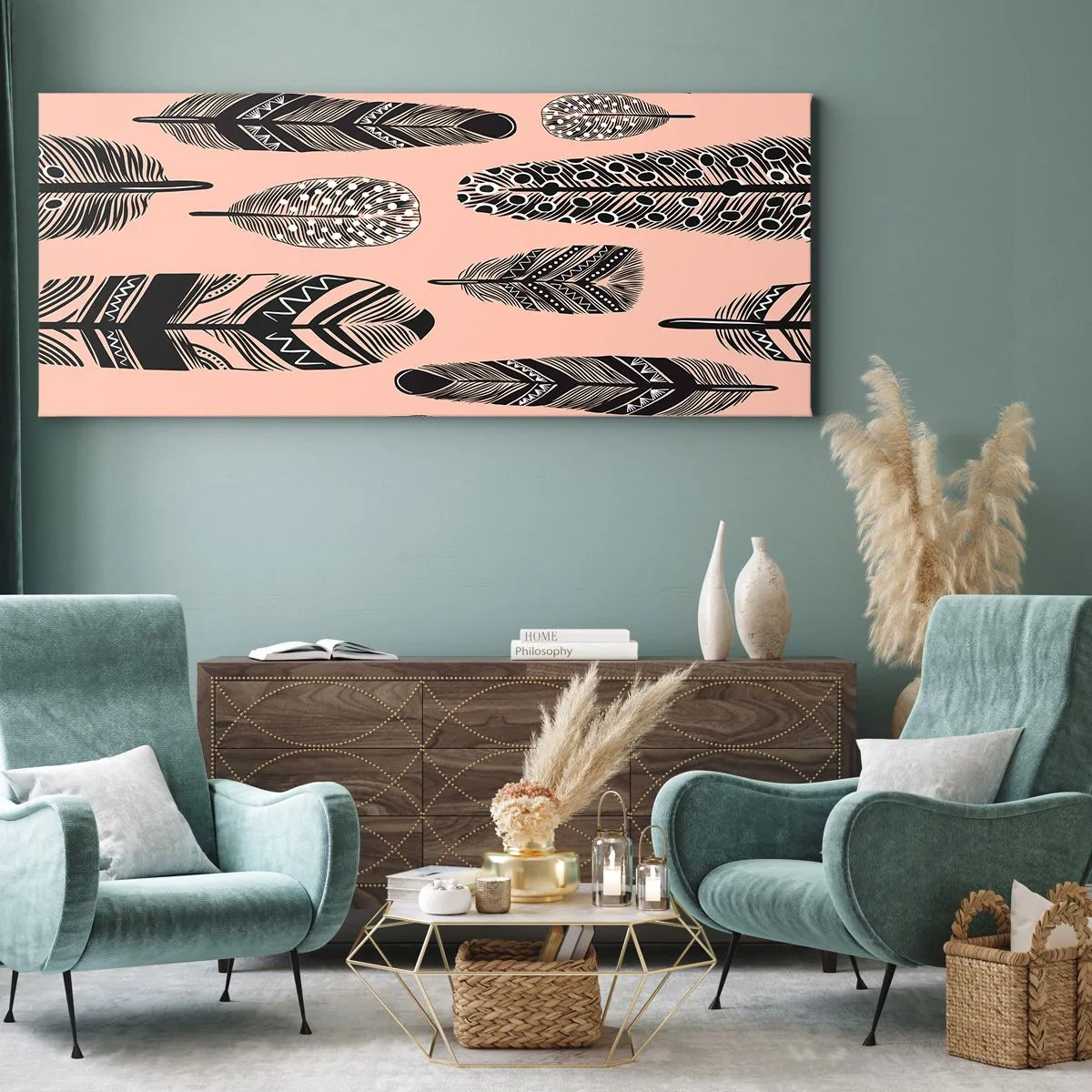 Cuadro sobre lienzo - Impresión de Imagen - Plumas decorativas sobre un fondo claro. - 120x50cm - Una colección india - Decoración de pared moderna para salón y dormitorio ARTTOR