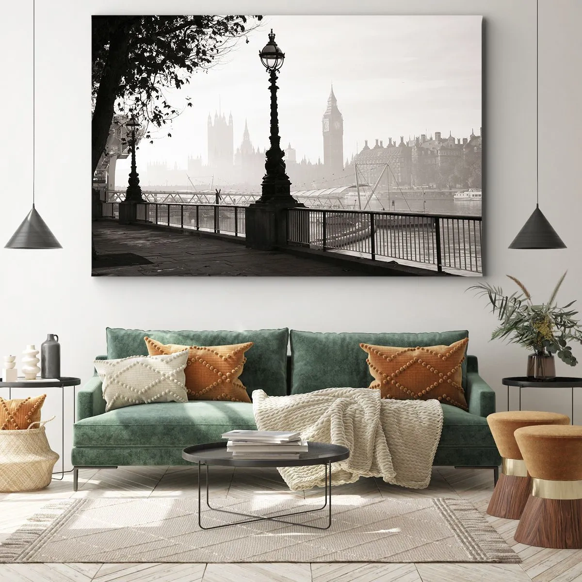 Cuadro sobre lienzo - Impresión de Imagen - Una vista monocromática del Big Ben y el Támesis. - 70x50cm - La mañana de Londres - Decoración de pared moderna para salón y dormitorio ARTTOR