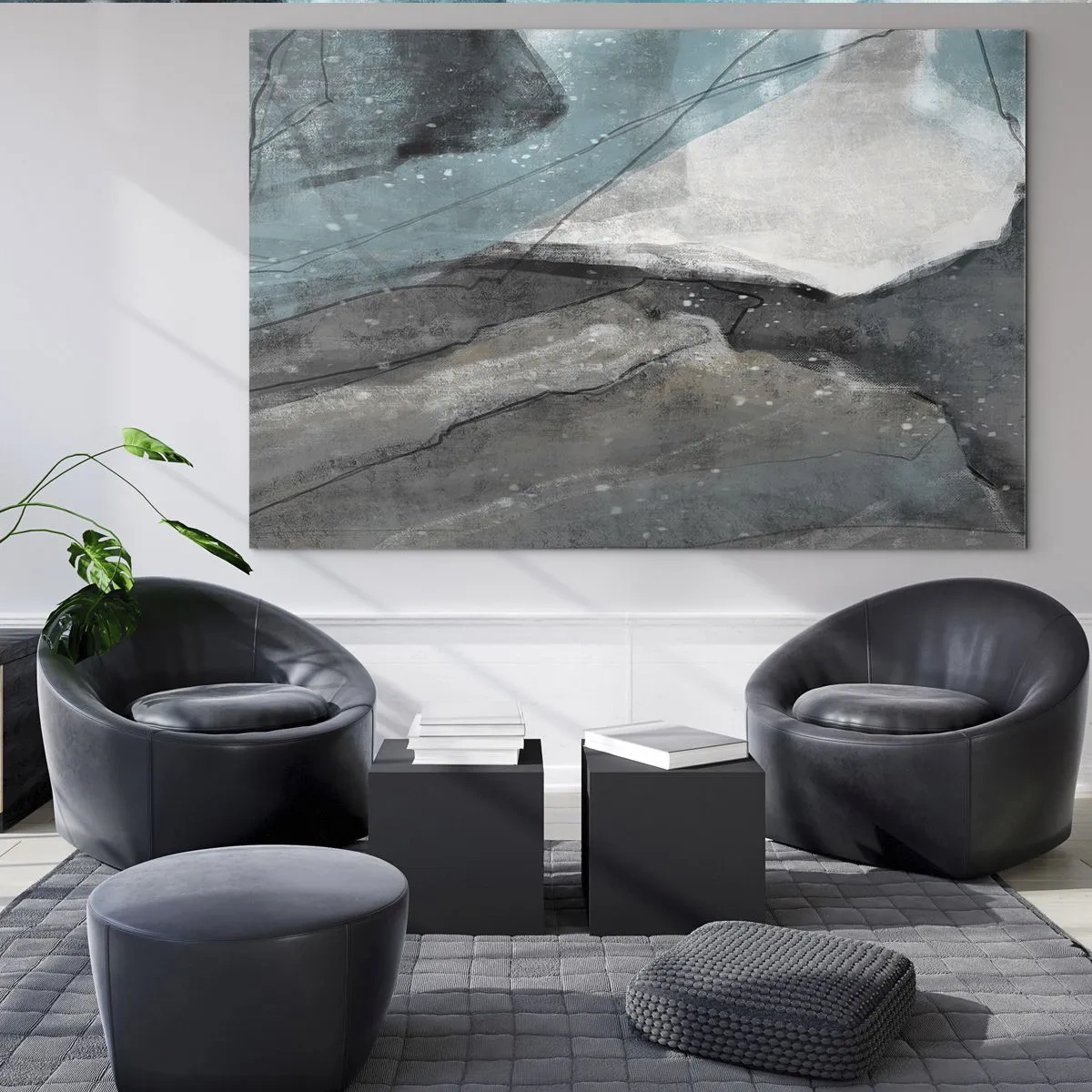 Cuadro sobre vidrio - Impresiones sobre Vidrio - Una representación abstracta de rocas y hielo en una paleta de colores fríos. - 120x80cm - Abstracción: rocas y hielo - Decoración de pared moderna para salón y dormitorio ARTTOR