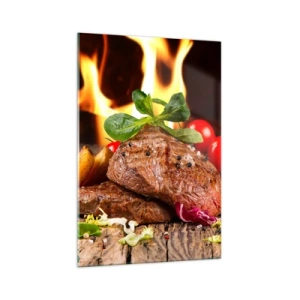 Cuadro sobre vidrio - Impresiones sobre Vidrio - Filete a la parrilla con acompañamientos con el telón de fondo de las llamas. - 70x100cm - Embrujo de fuego - Decoración de pared moderna para salón y dormitorio ARTTOR