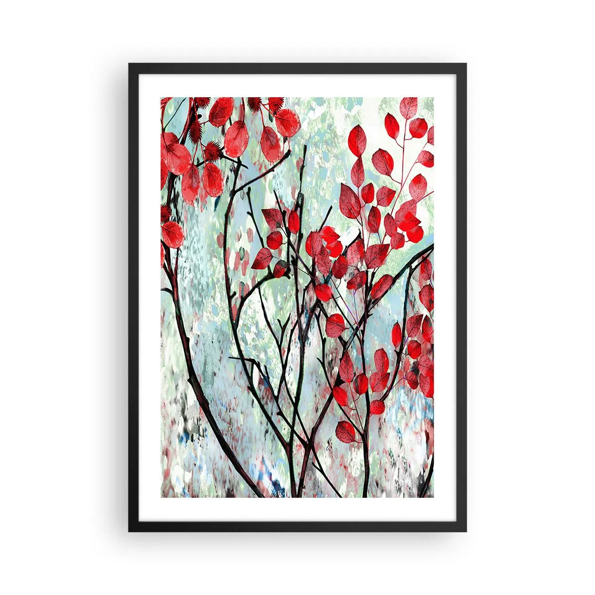 Póster en marco negro - Hojas rojas sobre un fondo de textura abstracta - 50x70cm - Un árbol en escarlata - Decoración de pared moderna para salón y dormitorio ARTTOR