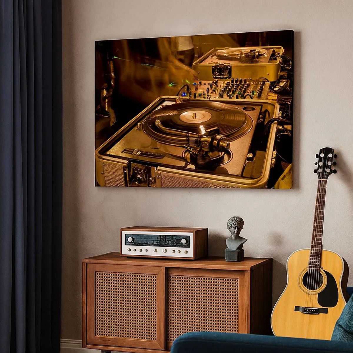 Cuadro sobre lienzo - Impresión de Imagen - Equipo de DJ con plato giratorio y mezclador durante una fiesta - 70x50cm - ¿Puedes sentir el poder? - Decoración de pared moderna para salón y dormitorio ARTTOR