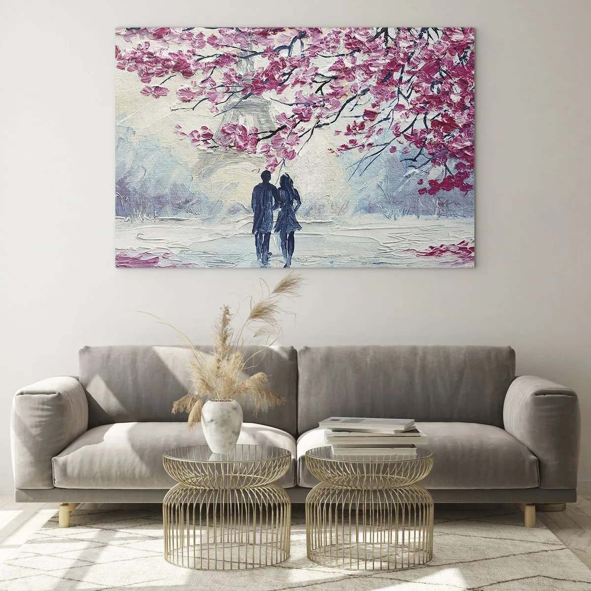 Cuadro sobre vidrio - Impresiones sobre Vidrio - Una pareja caminando bajo árboles en flor. - 100x70cm - Un paseo romántico - Decoración de pared moderna para salón y dormitorio ARTTOR
