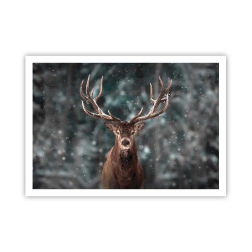 Póster - Ciervos en un bosque invernal con nieve cayendo - 100x70cm - Coronado rey del bosque - Decoración de pared moderna para salón y dormitorio ARTTOR