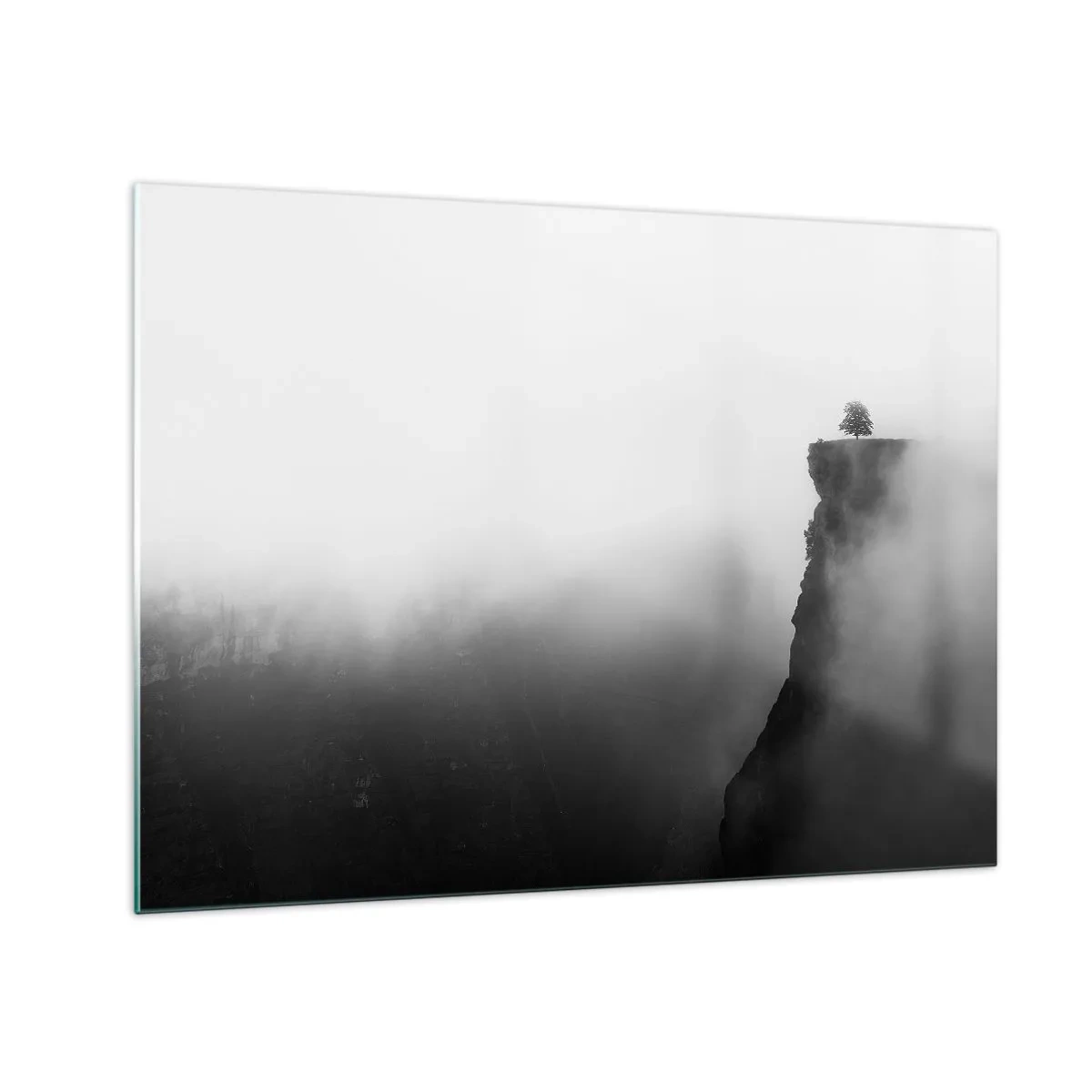 Cuadro sobre vidrio - Impresiones sobre Vidrio - Un árbol solitario al borde de un acantilado en medio de una espesa niebla. - 70x50cm - En el límite del mundo - Decoración de pared moderna para salón y dormitorio ARTTOR