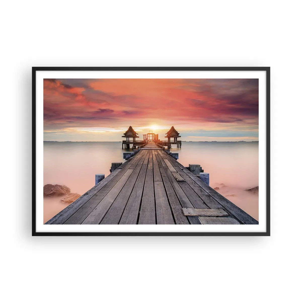 Póster en marco negro - Muelle de madera que conduce a los miradores al atardecer - 100x70cm - De este a oeste - Decoración de pared moderna para salón y dormitorio ARTTOR