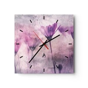 Reloj de pared - Reloj de vidrio - Delicadas flores en tonos morados sobre un fondo claro. - 30x30cm - Sueño de flores - Decoración de pared moderna para salón y dormitorio ARTTOR