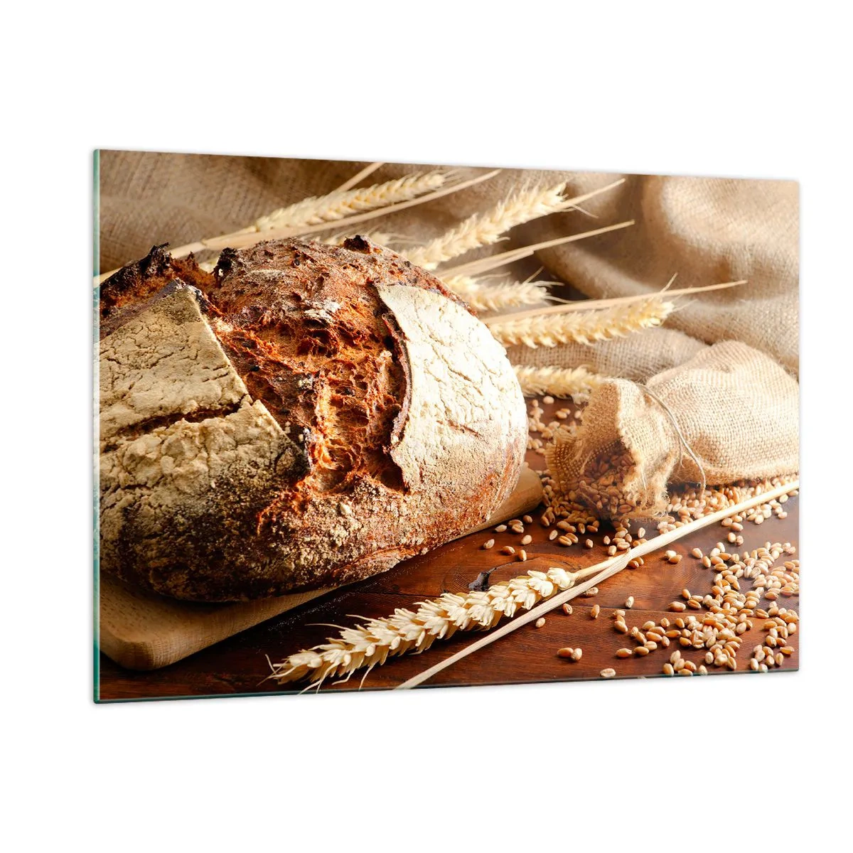 Cuadro sobre vidrio - Impresiones sobre Vidrio - Pan sobre una tabla con espigas de trigo y sacos de cereales - 120x80cm - Apetitoso, fragante, crujiente - Decoración de pared moderna para salón y dormitorio ARTTOR