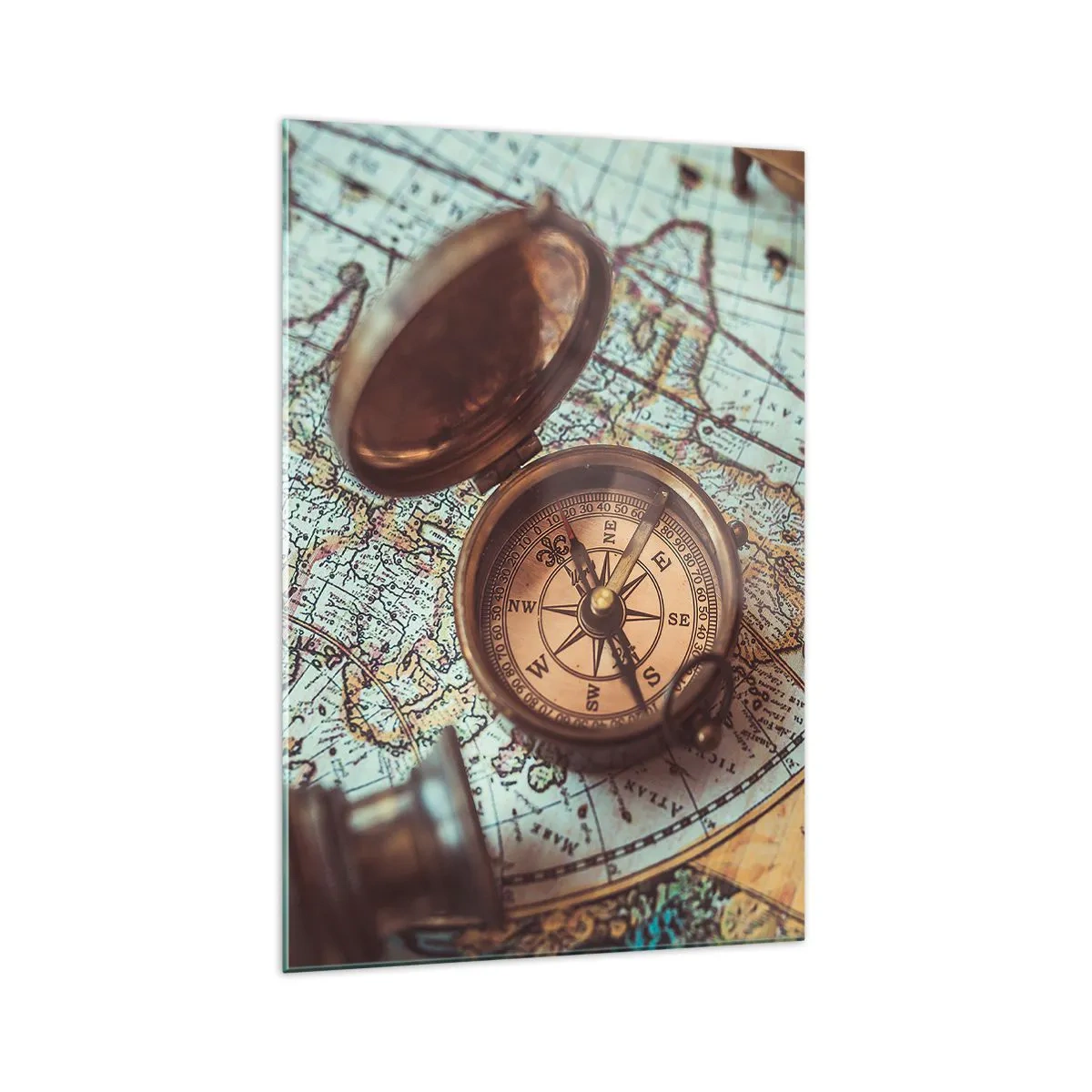 Cuadro sobre vidrio - Impresiones sobre Vidrio - Composición con brújula, llaves y un mapa antiguo en estilo retro - 70x100cm - Para el aventurero - Decoración de pared moderna para salón y dormitorio ARTTOR