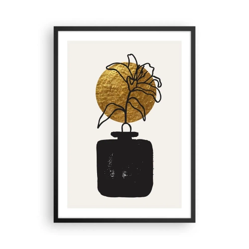 Póster en marco negro - Composición abstracta con una flor y un círculo dorado. - 50x70cm - Belleza en equilibrio - Decoración de pared moderna para salón y dormitorio ARTTOR
