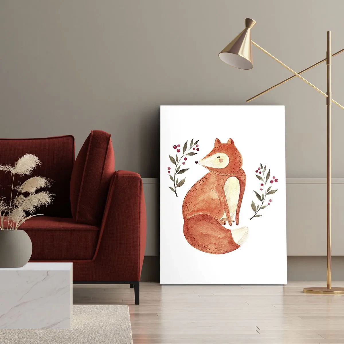 Cuadro sobre lienzo - Impresión de Imagen - Un zorro de acuarela rodeado de ramitas con bayas. - 50x70cm - Pequeño pelirrojo - Decoración de pared moderna para salón y dormitorio ARTTOR