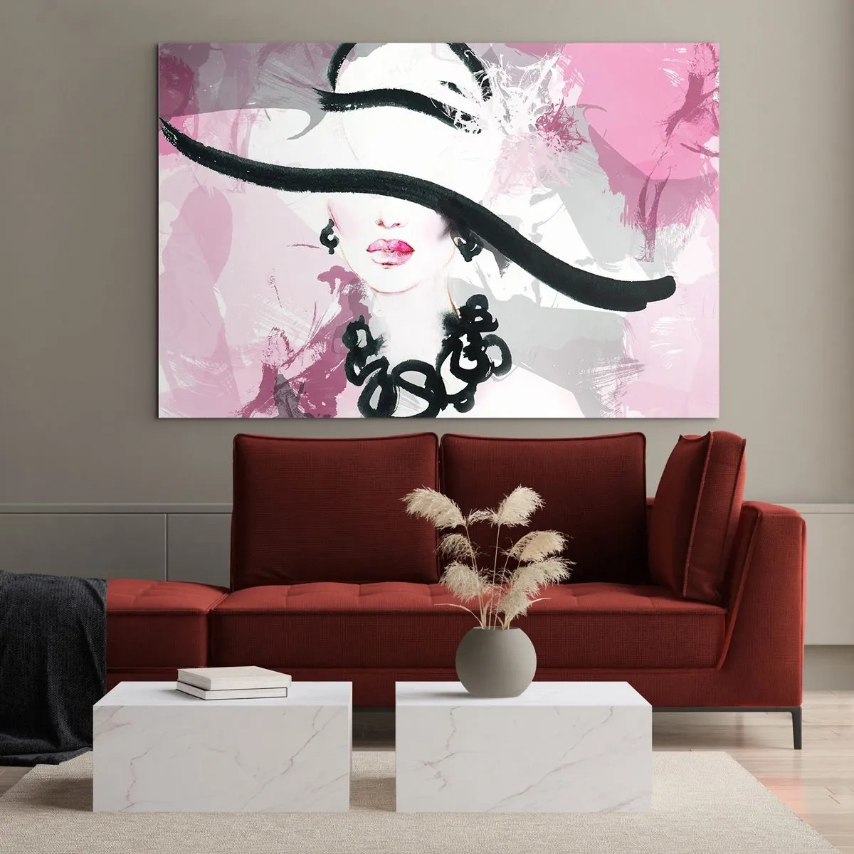 Cuadro sobre vidrio - Impresiones sobre Vidrio - Retrato de una mujer con un sombrero negro sobre un fondo rosa. - 70x50cm - Retrato de una dama en negro y rosa - Decoración de pared moderna para salón y dormitorio ARTTOR