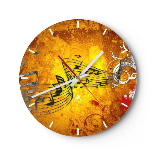 Reloj de pared - Reloj de vidrio - Fondo dorado con notas musicales y elementos musicales decorativos. - 30x30cm - Deja que la música fluya - Decoración de pared moderna para salón, cocina y dormitorio ARTTOR