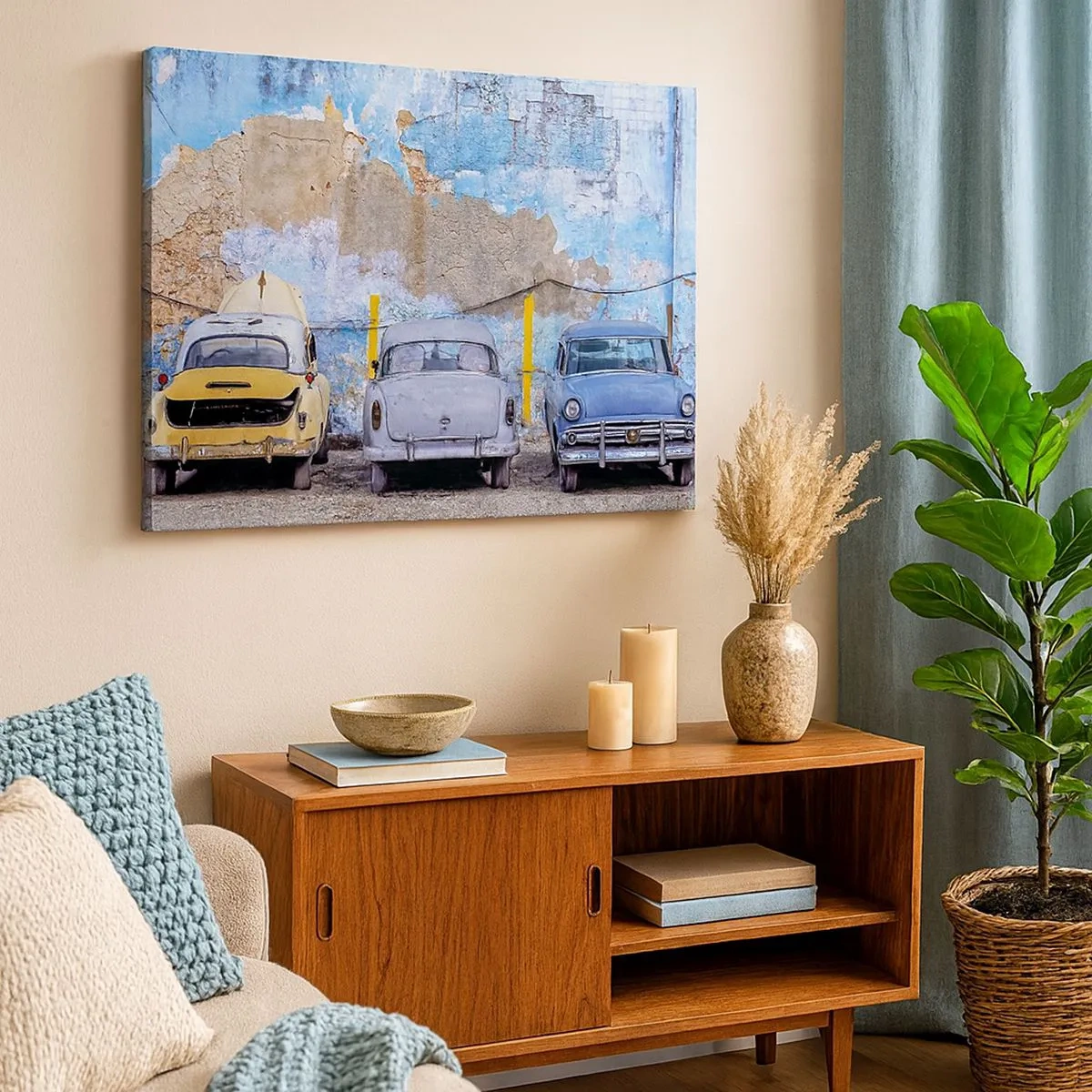 Cuadro sobre lienzo - Impresión de Imagen - Coches antiguos con un muro destruido como telón de fondo - 70x50cm - Reunión de veteranos - Decoración de pared moderna para salón y dormitorio ARTTOR