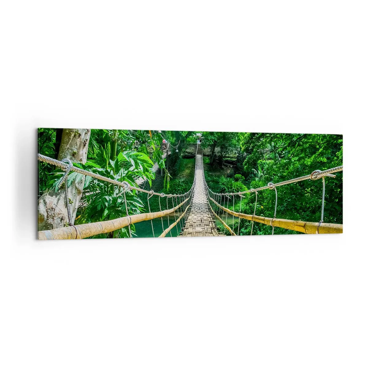 Cuadro sobre lienzo - Impresión de Imagen - Un puente colgante de bambú rodeado de vegetación. - 160x50cm - Puente colgante sobre la vegetación - Decoración de pared moderna para salón y dormitorio ARTTOR