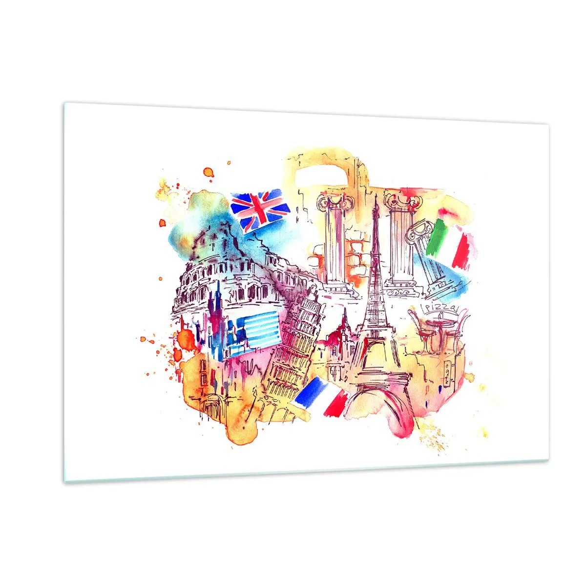 Cuadro sobre vidrio - Impresiones sobre Vidrio - Acuarela de monumentos europeos con banderas de países. - 120x80cm - Gira europea - Decoración de pared moderna para salón y dormitorio ARTTOR