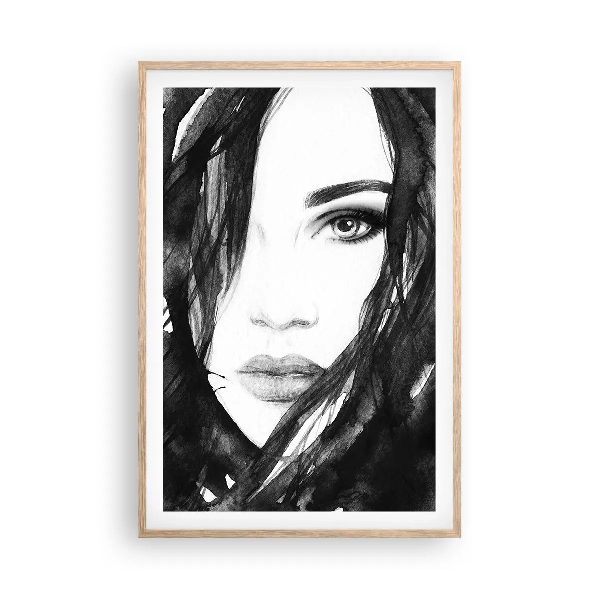 Póster en marco roble claro - Retrato de una dama en blanco y negro - 61x91 cm