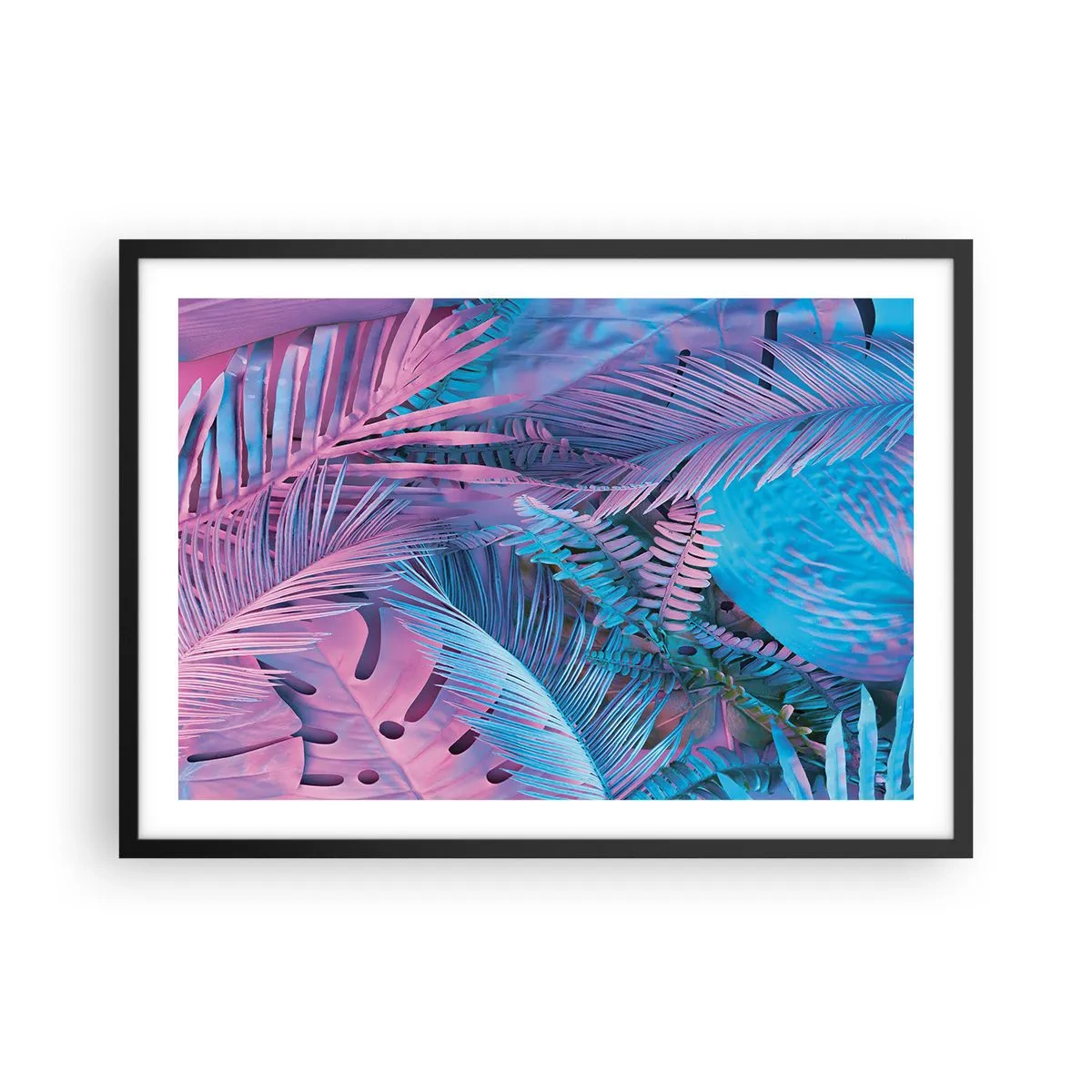 Póster en marco negro - Hojas tropicales en tonos rosa y azul. - 70x50cm - Trópicos en rosa y azul - Decoración de pared moderna para salón y dormitorio ARTTOR