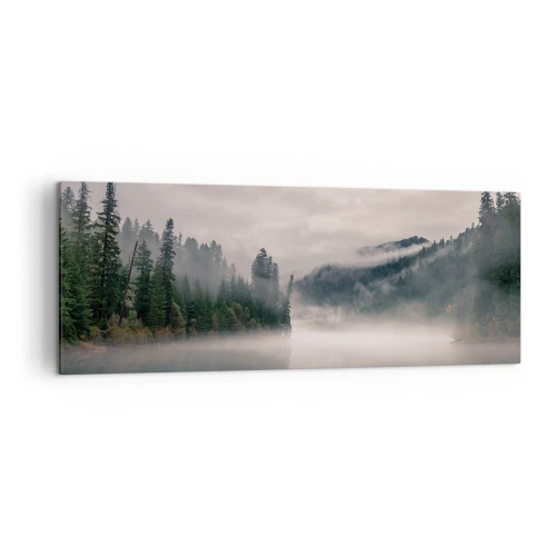 Cuadro sobre lienzo - Impresión de Imagen - Un bosque brumoso reflejado en un lago tranquilo. - 140x50cm - En el ensueño, en la niebla - Decoración de pared moderna para salón y dormitorio ARTTOR