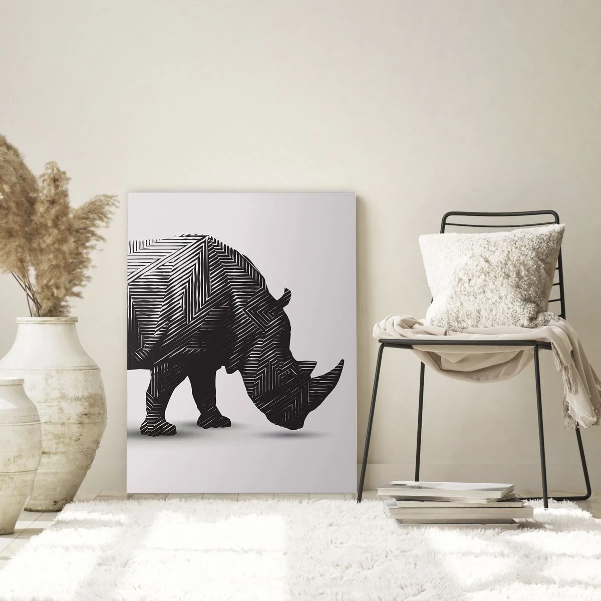 Cuadro sobre vidrio - Impresiones sobre Vidrio - Rinoceronte blanco y negro con patrones geométricos. - 50x70cm - La belleza geométrica de la naturaleza - Decoración de pared moderna para salón y dormitorio ARTTOR