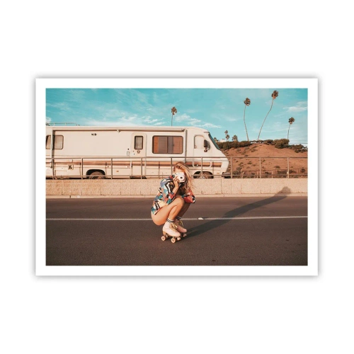 Póster - Una chica en patines tomando una foto en un día soleado. - 100x70cm - ¡Sonrían, por favor! - Decoración de pared moderna para salón y dormitorio ARTTOR