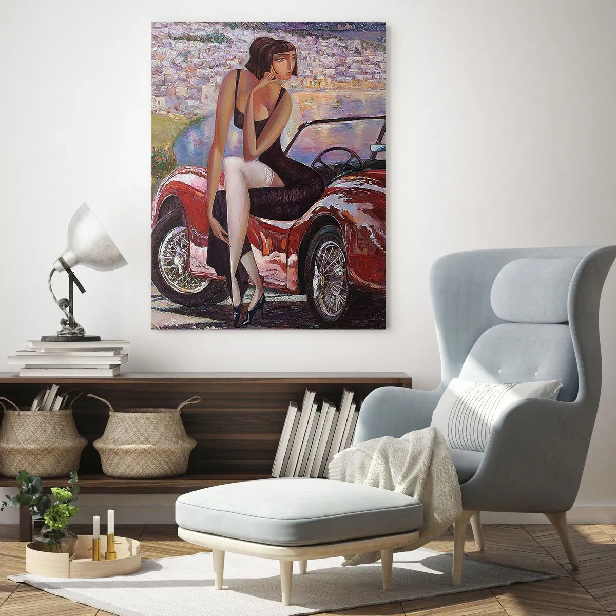 Cuadro sobre vidrio - Impresiones sobre Vidrio - Una mujer y un perro junto a un coche rojo con un paisaje al fondo. - 50x70cm - Paseo veraniego - Decoración de pared moderna para salón y dormitorio ARTTOR