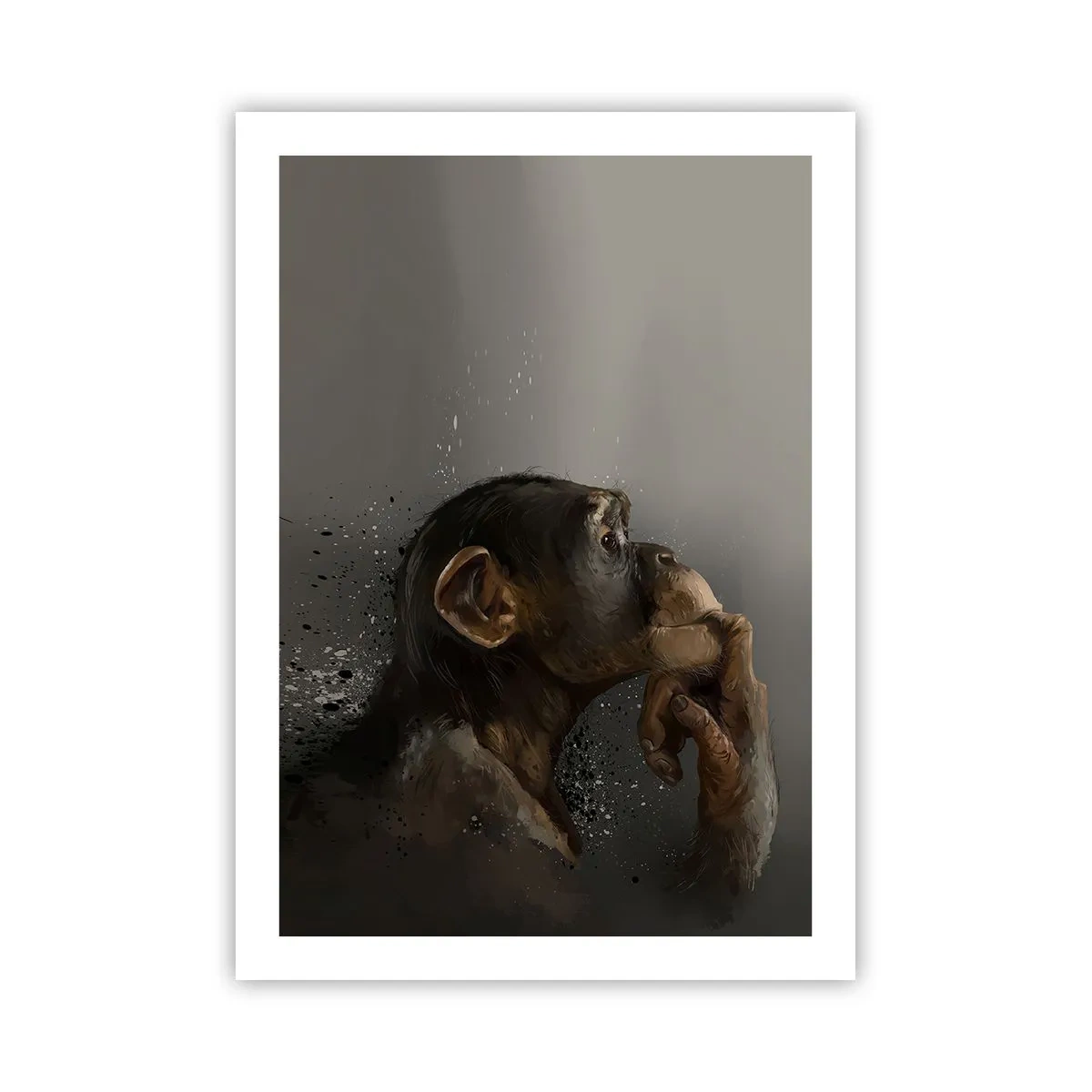 Póster - Retrato de un mono pensante en suaves tonos grises con un fondo abstracto. - 50x70cm - La evolución del pensador - Decoración de pared moderna para salón y dormitorio ARTTOR