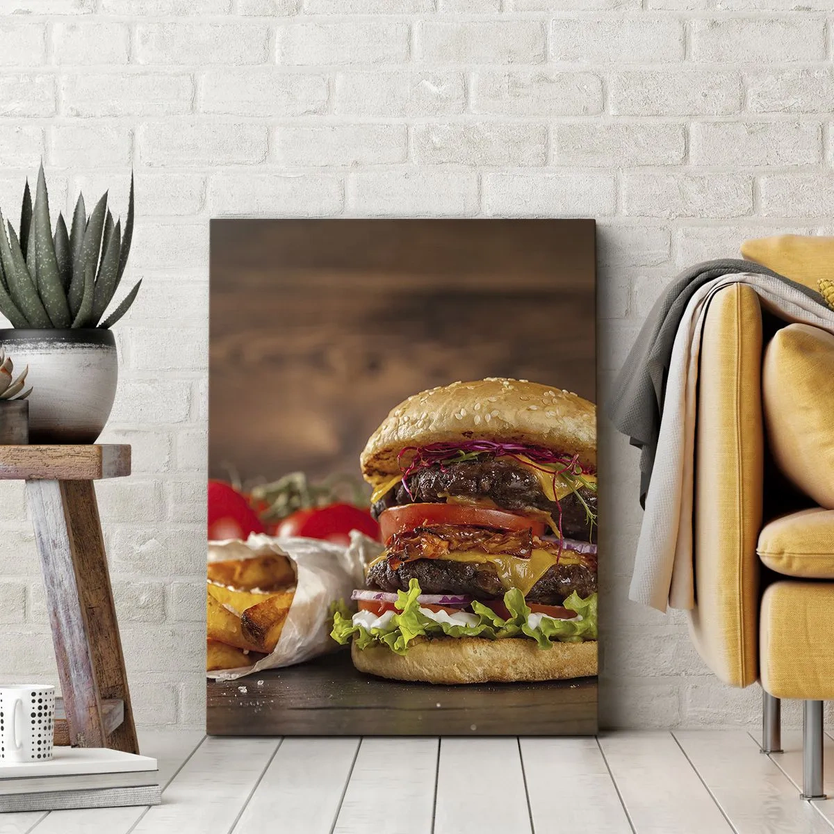 Cuadro sobre lienzo - Impresión de Imagen - Apetitosa hamburguesa con extras - 70x100cm - Fruta prohibida - Decoración de pared moderna para salón y dormitorio ARTTOR