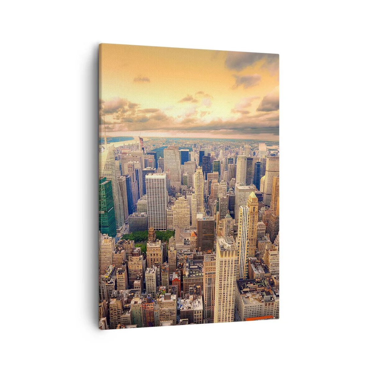 Cuadro sobre lienzo - Impresión de Imagen - Panorama de la ciudad con vistas a los rascacielos al atardecer - 50x70cm - Metrópolis dorada - Decoración de pared moderna para salón y dormitorio ARTTOR